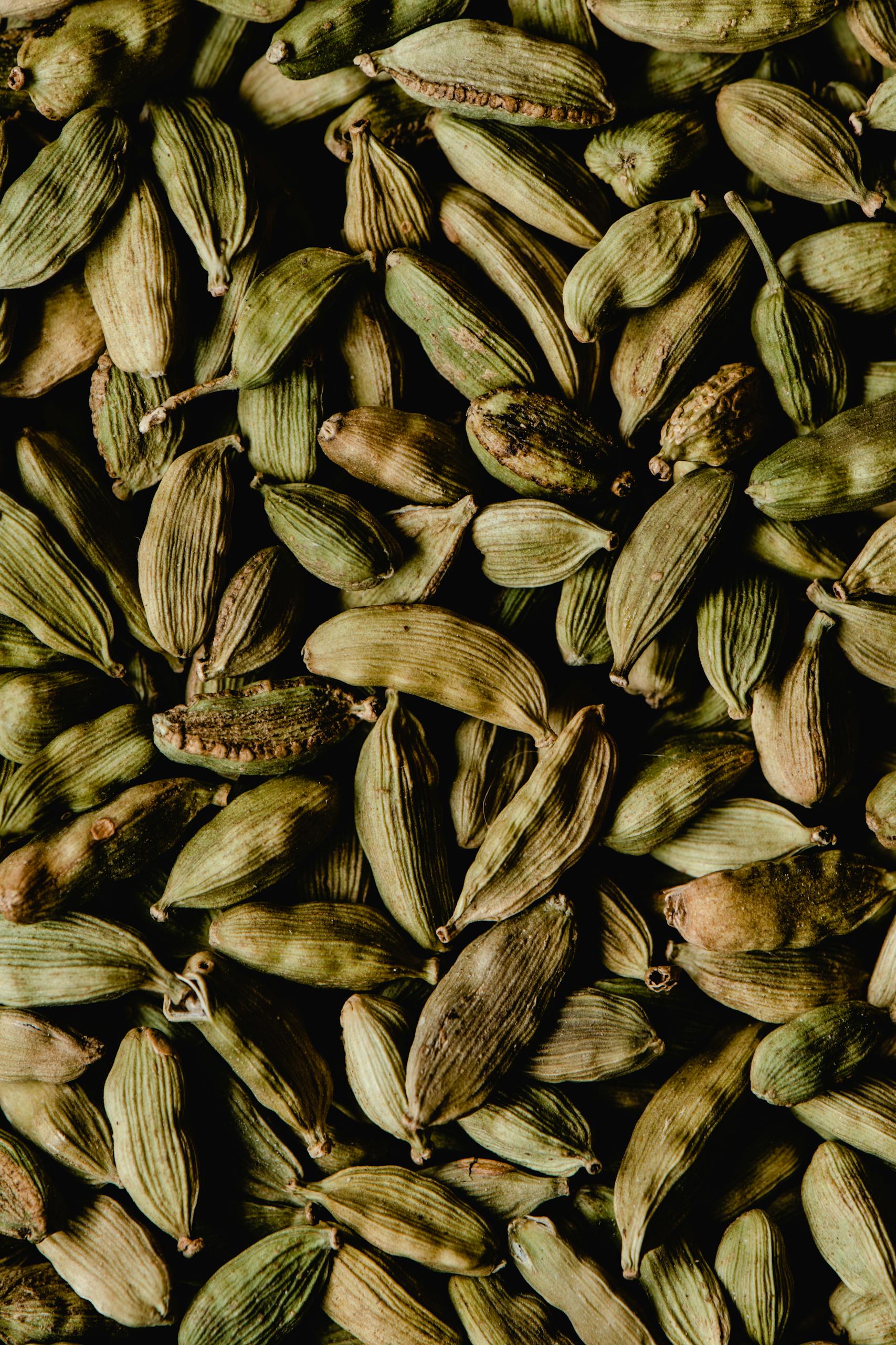 Close-up of vibrant green cardamom pods, ideal for spices and culinary ingredients.